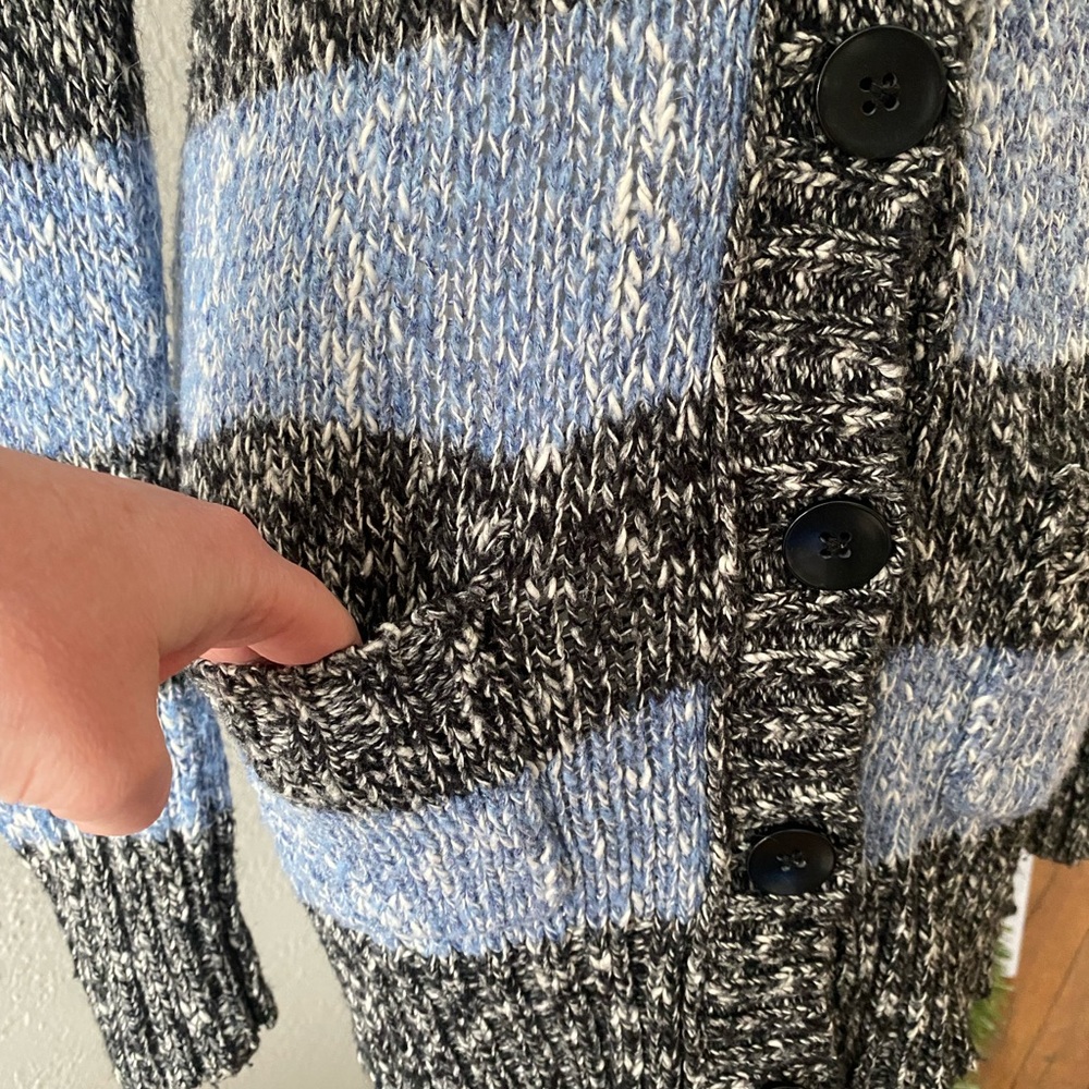 Vtg Y2K Mudd Blue Black Striped Sequin Long Knit Grandpa Dark Academia Cardigan - Picture 4 of 8